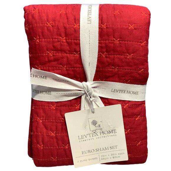 2 Levtex Home Red Euro Sham Cross Stitch 26" X 26" Cotton Timeless Collections - Picture 2 of 5